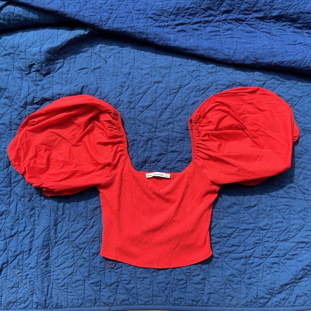 Abercrombie & Fitch Puff Sleeve Top Women S Red Excellent Ribbed‎ Square Neck